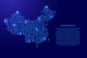 Obraz premium Map China from printed board, chip and radio component with blue star space on the contour for banner, poster, greeting card, of vector illustration.