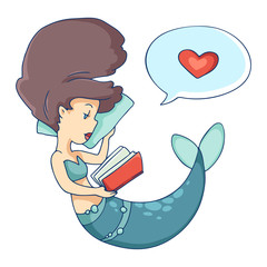 Mermaid reads the book, colored cute illustration.