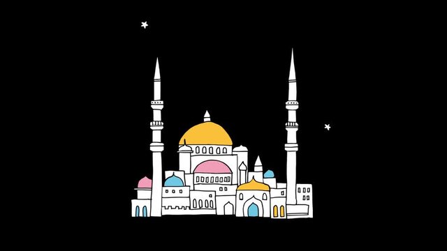 Hand drawn mosque with glittering moon and stars. Loopable festive graphic animation for Muslim holiday Ramadan Kareem.