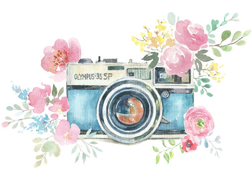 Watercolor photo label. Hand drawn photo camera surrounded by various flowers: roses, lavender, leaves and branches. Watercolor illustrations collage