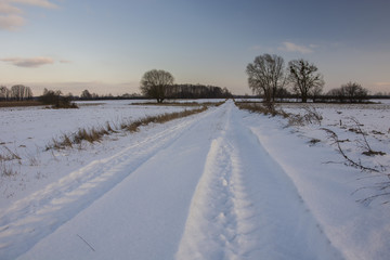 Fototapeta na wymiar Dirt road and snow-covered meadows