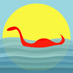 Obraz premium Loch Ness Nessy fictional creature. Water monster with eye, tail Swimming floating Sea ocean wave sunset. Dinosaur shape. Cute cartoon character. Baby collection. Flat Blue background sun.