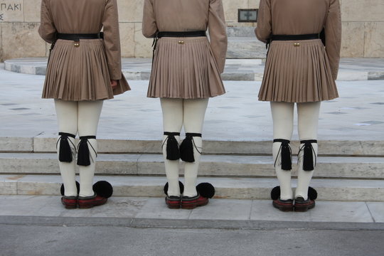 Close up image of Evzoni soldier, ceremonial guard in front of Greek parliament - Athens.