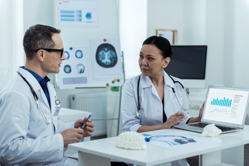 Before surgery. Professional neurologists analysing the data while dealing with brain image