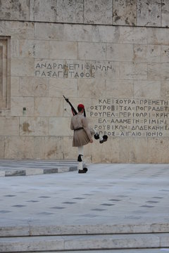 Close up image of Evzoni soldier, ceremonial guard in front of Greek parliament - Athens.