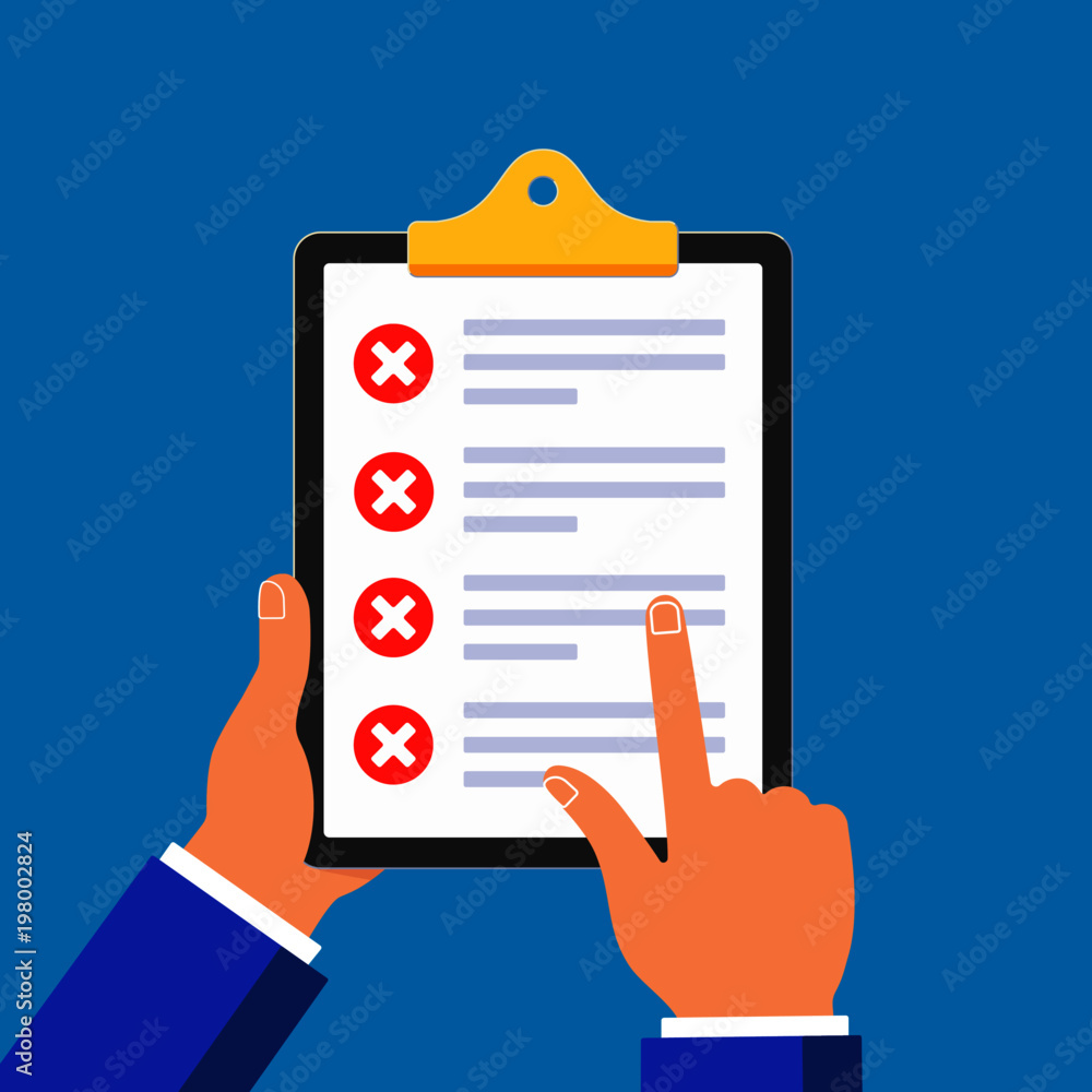Poster hands hold clipboard with claim form on it, paper sheets, check marks cross x in the red circle on t