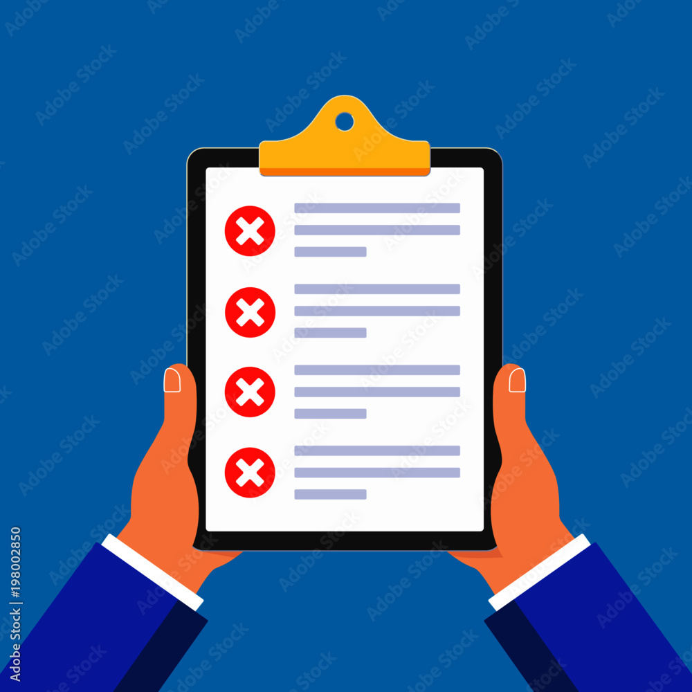 Poster hands hold clipboard with claim form on it, paper sheets, check marks cross x in the red circle on t