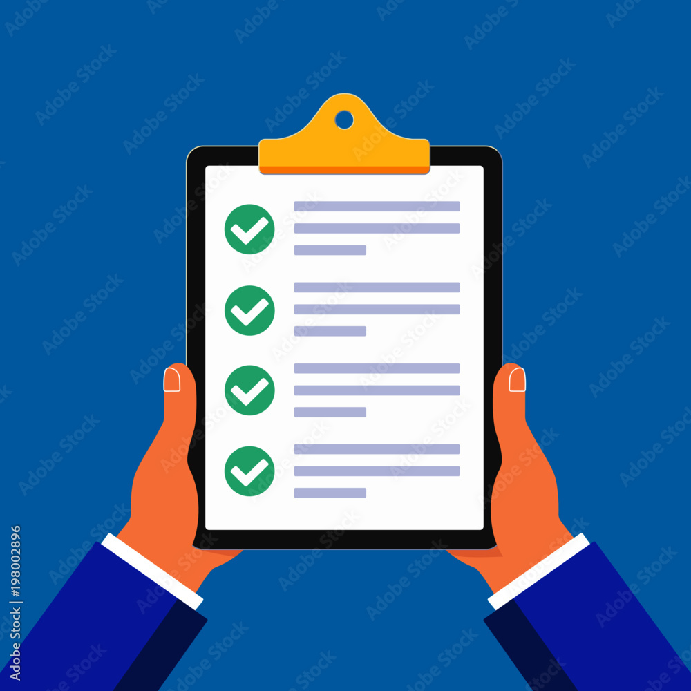 Poster hands hold clipboard with claim form on it, paper sheets, check marks tick ok in the circle on the l