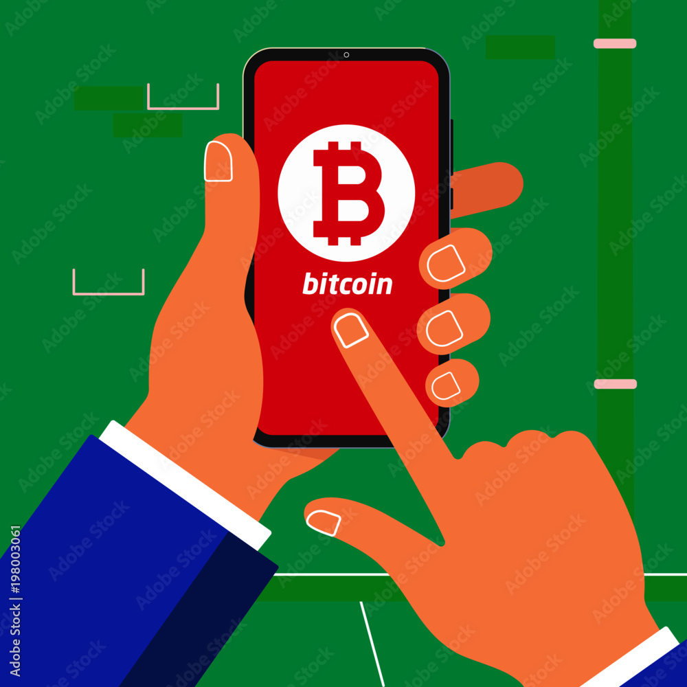 Poster hand holding black mobile phone isolated on wall background. smartphone on human's hand with bitcoin