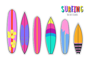 Vector hand drawn set of Surfboards. Summer colorful Surfing collection. Isolated stickers, badges, patches