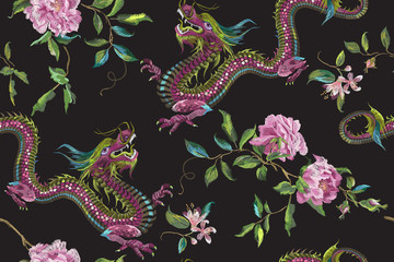 Embroidery oriental floral pattern with dragons and roses. Vector seamless embroidered template with flowers and animal for fashion design.