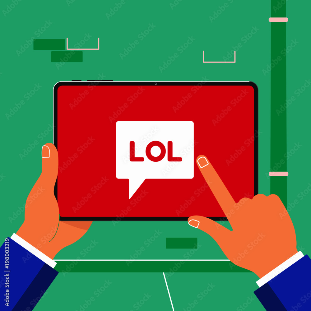 Poster hands holding black tablet device in front of green wall. pad tablet in human hands with word lol in