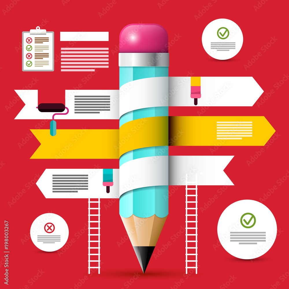 Aufkleber web design template. vector infographic layout with pencil on red background.