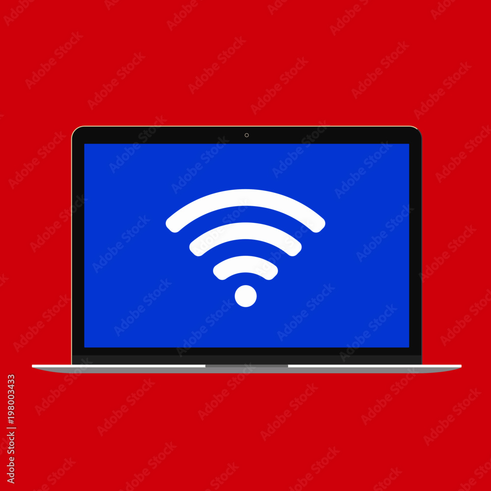 Poster modern device - laptop, computer or netbook pc flat design with wifi symbol on the screen icon vecto