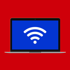 Modern device - laptop, computer or netbook pc flat design with wifi symbol on the screen icon vector illustration. No keybord technology concept of free wireless wi-fi at home isolated red background