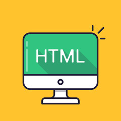 Computer with HTML word on screen. Hypertext markup language concept. Web development, create web page, coding, learning concepts. Simple line icon. Modern long shadow flat design vector illustration