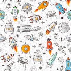 Seamless background with colored space rockets and other space elements