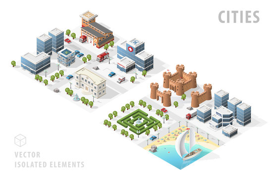 Set of Isolated High Quality Isometric City Maps on White Background