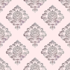 Vector volumetric damask seamless pattern background. Elegant luxury embossed texture with watercolor for wallpapers, backgrounds and page fill. 3D elements with shadows and highlights.