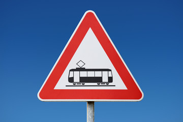 Tram warning sign, Zagreb, Croatia, Europe