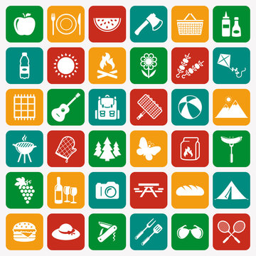 Picnic and barbecue white flat icons.Vector set.