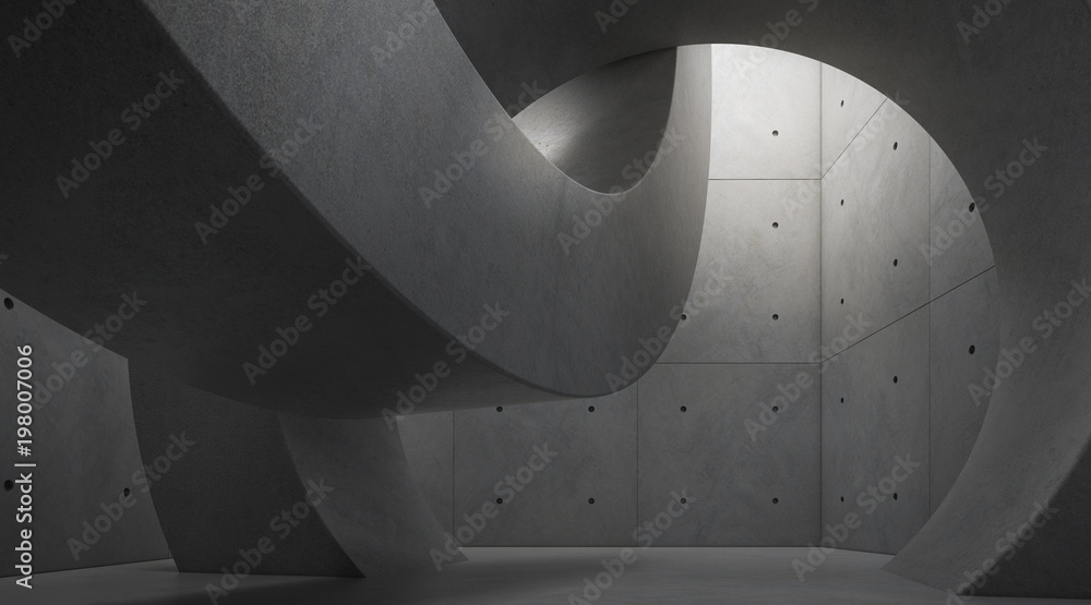 Fototapete Abstract of architecture space with rhythm of circle concrete block and light and shadow of the sun,3D render