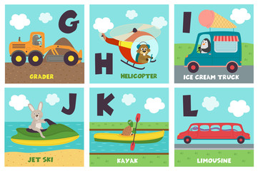 alphabet card with transport and animals G to L - vector illustration, eps