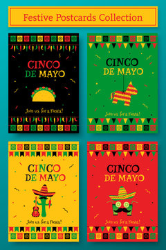 Set Of Cinco De Mayo Party Poster Template. Festive Vector Illustration With Native Pinata, Taco And Mariachi, Cocktail Face And Garland Flags For Traditional Mexican Celebration On Cinco De Mayo.