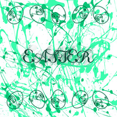A pattern with green spray of paint, an inscription of Easter and the contours of festive Easter eggs.