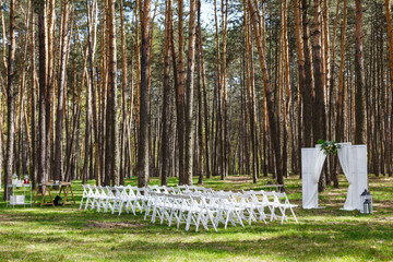 Wedding ceremony in the forest. Beautiful gentle arch
