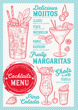 Cocktail bar menu. Vector drinks flyer for restaurant and cafe. Design template with vintage hand-drawn illustrations.