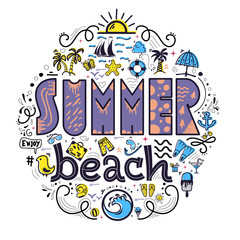Summer beach and Set of summer colored icons in the form of a circle , in a cartoon style doodle, completely handmade.