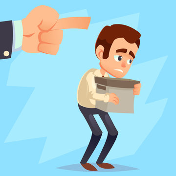 Employee gets fired from his work. Sad businessman holds box, hand pointing forward, you are fired text. Flat style vector illustration Cartoon characters