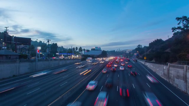 Hyper lapse view of the freeway traffic and transition from day to night in Los Angeles