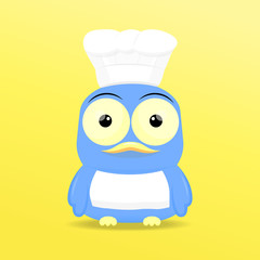 Cute blue bird with chef hat on yellow background
