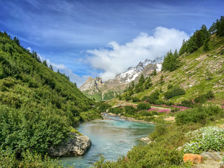 Fototapeta na wymiar Torrent landscape during Tour du Mont Blanc hike, Aosta Valley, Italy