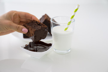 Slice of delicious homemade chocolate brownie served on white plate. Served with glass of milk with...