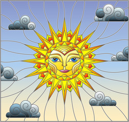 Naklejki  Ilustracja w stylu witrażu z bajecznym słońcem z twarzą na tle nieba i chmur