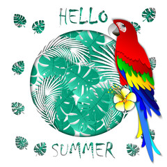 Summer banner with carved palm leaves, parrot, inscription hello summer. Exotic background. 3d design sale banner, invitation, poster, website or greeting card. Paper crop style, vector illustration.