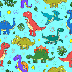 Fototapeta na wymiar Seamless pattern with colorful dinosaurs and leaves, animals on blue background