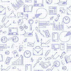 Seamless background with simple hand-drawn icons on a theme business, blue  contour  icons on the clean writing-book sheet in a cage