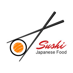 Vector Icon Style Illustration Logo of Asian Street Fast Food Bar or Shop, Sushi, Maki, Onigiri Salmon Roll with Chopsticks, Isolated Minimalistic Object