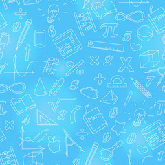 Seamless background with simple icons on the theme of mathematics and learning , bright outline on a blue background
