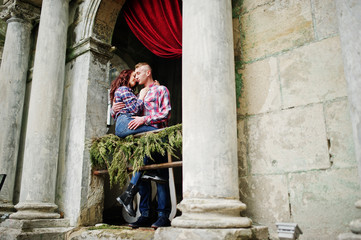 Fototapeta na wymiar Stylish couple wear on checkered shirt in love together.