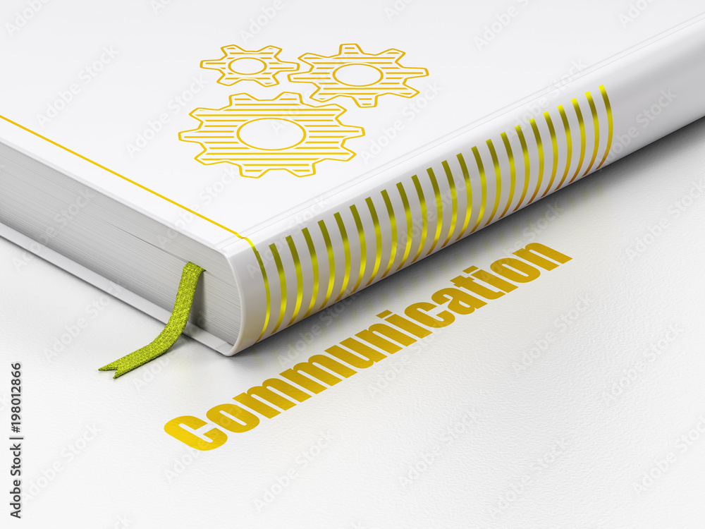 Poster marketing concept: closed book with gold gears icon and text communication on floor, white backgroun