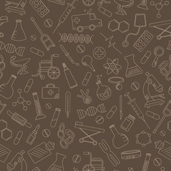 Seamless pattern with hand drawn icons on a theme medicine and health, beige outline on a brown background