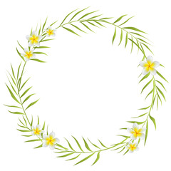 Palm leaves. Plumeria. Tropical background. Flowers. Wreath.