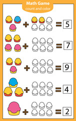 Mathematics workshhet. eduational game for children. Counting, Learning addition