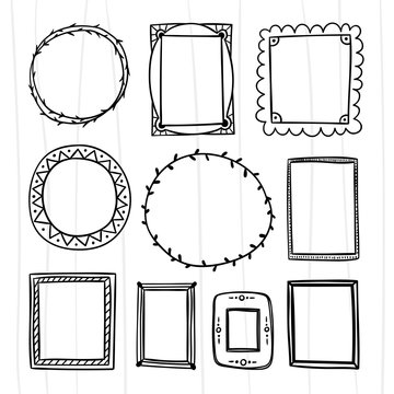 Hand drawn frame and wreath set. Picture and photo frames for graphic design