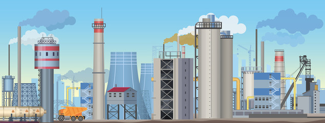 Industrial landscape with factories and manufacturing plants. Flat Vector industry illustration.